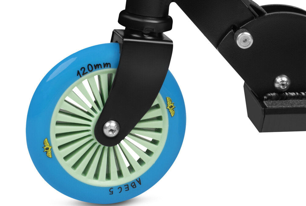 Hulajnoga SPOKEY Duke Czarno-niebieski dwa kola z materialu PU twardosc 82A w rozmiarze 125 mm nie wymagaja pompowania wysokiej jakosci lozyska ABEC-5 Carbon plynnosc ruchu