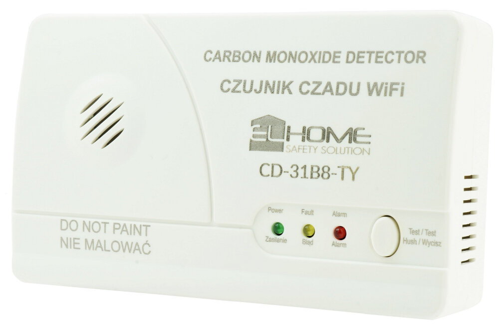 Czujnik tlenku węgla czadu EL HOME CD-31B8-TY glosny alarm akustyczny >85dB/3m widoczne alarmy optyczne zielony kolor prawidlowe dzialanie zolty kolor blad czerwony kolor wykrycie tlenku wegla