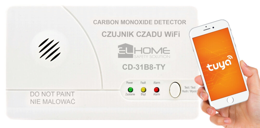 Czujnik tlenku węgla czadu EL HOME CD-31B8-TY integracja z aplikacja Tuya wysylanie powiadomien bezposrednio na smartfon dodatkowa warstwa bezpieczenstwa na systemy Android i iOS siec Wi-Fi