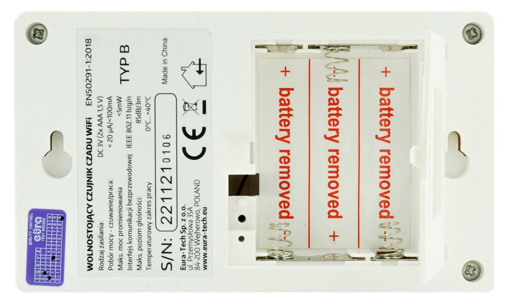 Czujnik tlenku węgla czadu EL HOME CD-31B8-TY niewielki rozmiar wolnostojaca konstrukcja latwa instalacja w dowolnym miejscu zasilanie 3 baterie AA przycisk TEST