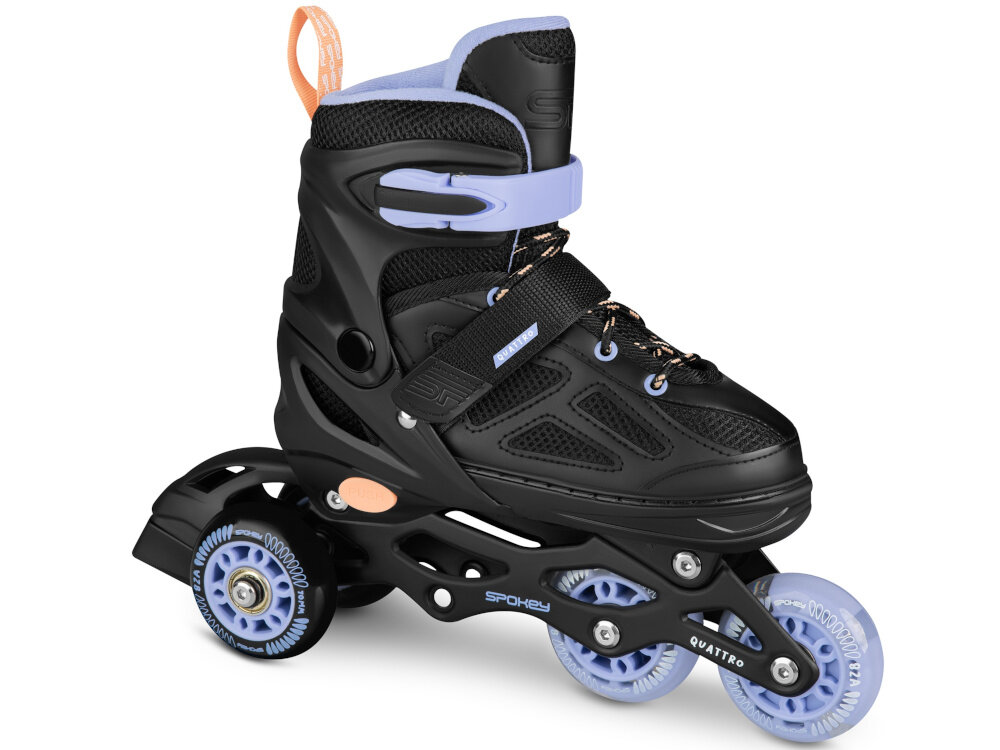 Łyżworolki SPOKEY Quattro 4w1 (rozmiar 30-33) Czarno-fioletowy rolko-wrotka na białym tle widoczna od przodu pod skosem profilowana wkładka z aksamitu i lekkiego materiału EVA wysoki komfort użytkowania skuteczniej amortyzuje wstrząsy zmniejsza zmęczenie stóp i poprawia stabilność większa kontrola nad łyżworolkami pewniejsze manewrowanie
