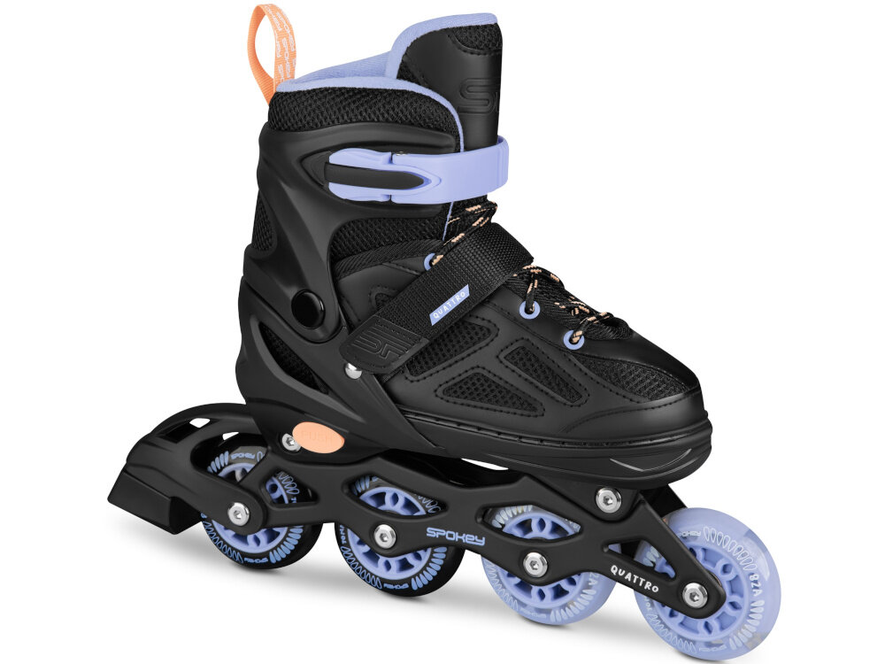 Łyżworolki SPOKEY Quattro 4w1 (rozmiar 30-33) Czarno-fioletowy łyżworolka na białym tle widoczna od przodu pod skosem aluminiowa płoza zastosowana w wersji rolkowej niska waga odporność na uszkodzenia mechaniczne trwałość aluminium zachowują swoje właściwości