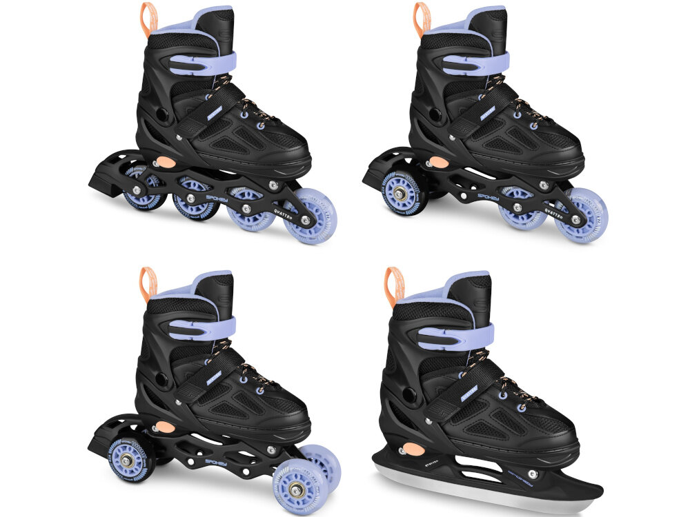 Łyżworolki SPOKEY Quattro 4w1 (rozmiar 34-37) Czarno-fioletowy białe tło łyżworolki pokazane w każdej konfiguracji jako łyżwy Łyżworolki wrotki rolko-wrotki łyżworolki 4w1 dwie wymienne płozy łyżwowa i rolkowa cztery sposoby klasyczne łyżwy z hokejową płozą rolki z czterema kółkami w rzędzie wrotki z kółkami po bokach płozy rolko-wrotki z układem mieszanym