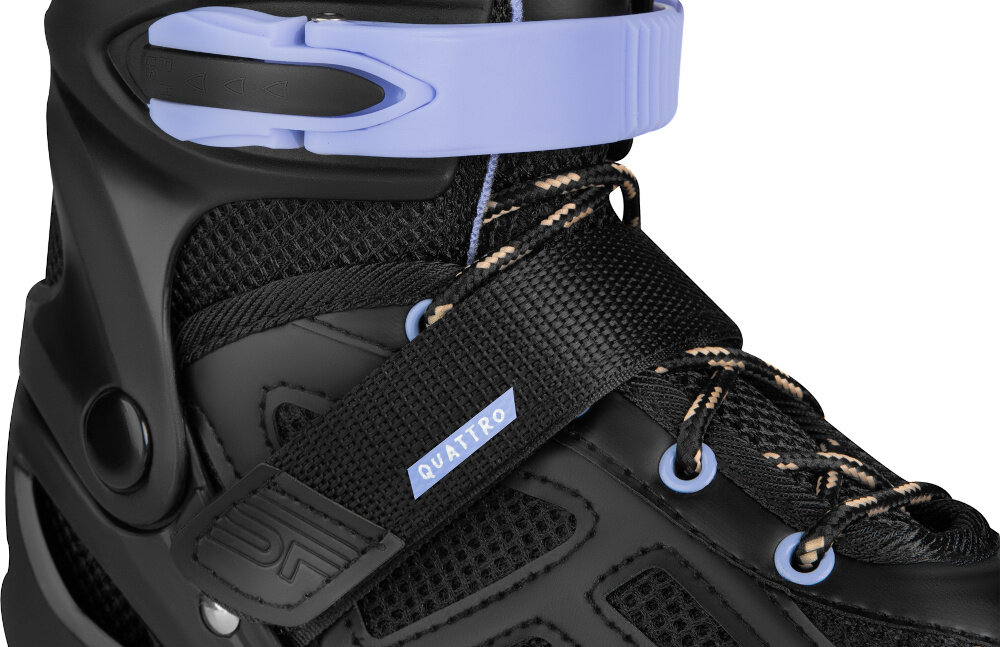 Łyżworolki SPOKEY Quattro 4w1 (rozmiar 34-37) Czarno-fioletowy zbliżenie na zapięcia białe tło system zapięcia oparty na dwusekcyjne klamrze, rzepie i sznurówkach precyzyjne dopasowanie do stopy stabilizuje nogę ogranicza jej przesuwanie się wewnątrz buta poprawia komfort pewne trzymanie stopy zwiększa poczucie kontroli