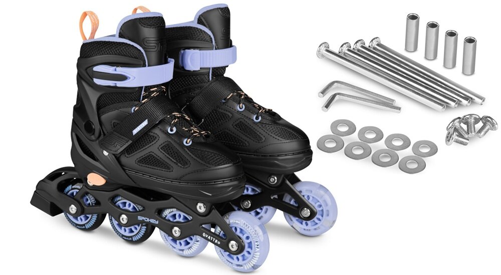 Łyżworolki SPOKEY Quattro 4w1 (rozmiar 34-37) Czarno-fioletowy para łyżworolek i zestaw na białym tle w zestawie łyżworolki płoza zimowa płoza rolkowa komplet śrub dokumentacja