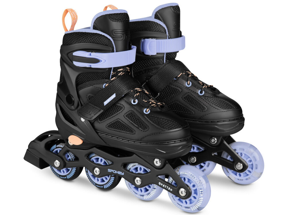 Łyżworolki SPOKEY Quattro 4w1 (rozmiar 34-37) Czarno-fioletowy para łyżworolek na białym tle możliwość regulacji długości wkładki w zakresie 21-24 cm wydłuża okres użytkowania jednego zestawu wygoda lepsze przenoszenie siły większa kontrola nad jazdą w rozmiarze 34-37 dla dzieci o maksymalnej wadze do 60 kg