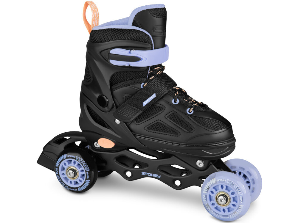 Łyżworolki SPOKEY Quattro 4w1 (rozmiar 34-37) Czarno-fioletowy wrotka na białym tle widoczna od przodu pod skosem cholewka wykonana z półmiękkiego poliestru solidne podparcie stopy prawidłowa pozycja nogi lepsza kontrola ruchów większe poczucie bezpieczeństwa ogranicza ryzyko niekontrolowanych skrętów ułatwia płynne poruszanie się