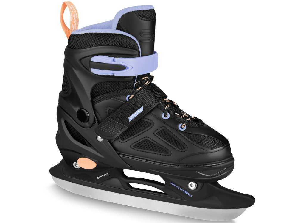 Łyżworolki SPOKEY Quattro 4w1 (rozmiar 34-37) Czarno-fioletowy łyżwa na białym tle widoczna od przodu pod skosem klasyczna płoza łyżwy wykonana ze stali nierdzewnej sprzęt do zimowych warunków stal nierdzewna umożliwia płynny ślizg odporność na korozję