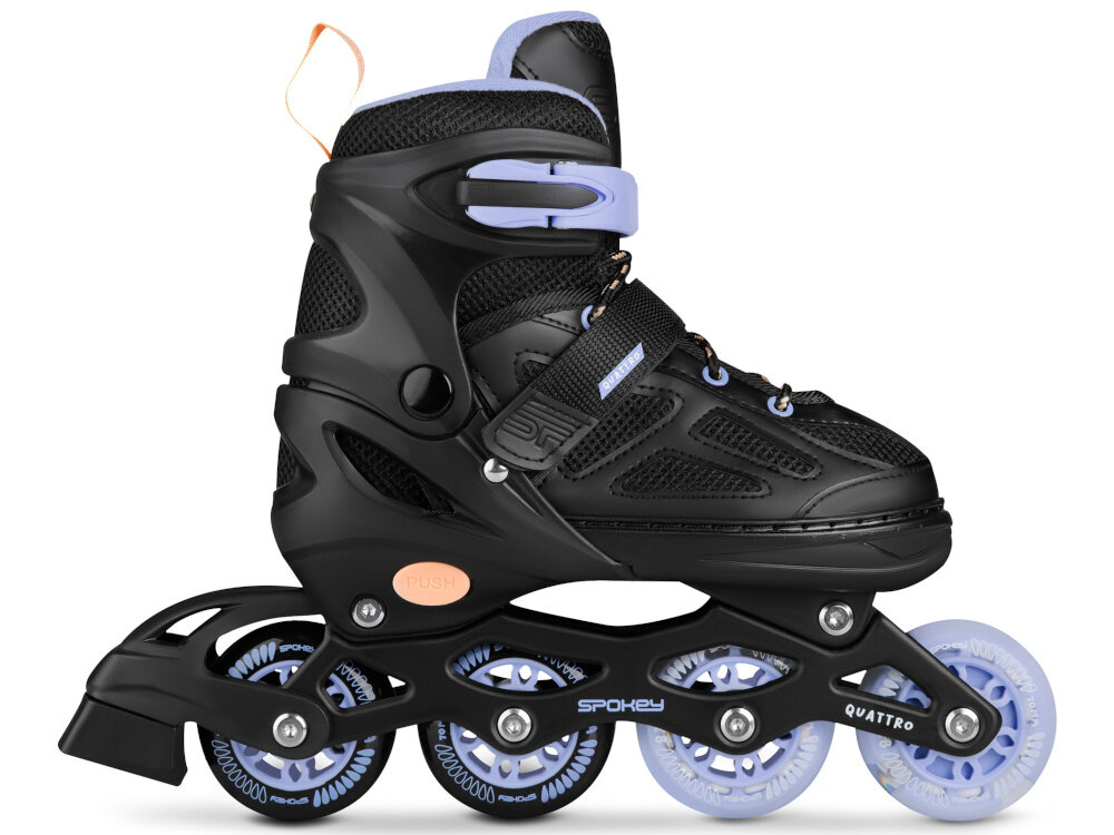 Łyżworolki SPOKEY Quattro 4w1 (rozmiar 38-41) Czarno-fioletowy łyżworolka na białym tle widoczna z boku hamulec nożny pełna kontrola nad zatrzymywaniem się można precyzyjnie regulować prędkość minimalizując ryzyko wypadków zwiększając komfort jazdy