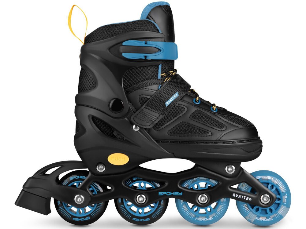 Łyżworolki SPOKEY Quattro 4w1 (rozmiar 34-37) Czarno-niebieski łyżworolka na białym tle widoczna z boku zgodność z normą EN 13843/15638 wysoki poziom bezpieczeństwa i jakość wykonania spełniają rygorystyczne wymagania europejskie produkt został przetestowany pod kątem wytrzymałości stabilności oraz zastosowanych materiałów