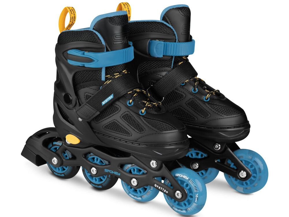 Łyżworolki SPOKEY Quattro 4w1 (rozmiar 34-37) Czarno-niebieski para łyżworolek na białym tle możliwość regulacji długości wkładki w zakresie 21-24 cm wydłuża okres użytkowania jednego zestawu wygoda lepsze przenoszenie siły większa kontrola nad jazdą w rozmiarze 34-37 dla dzieci o maksymalnej wadze do 60 kg