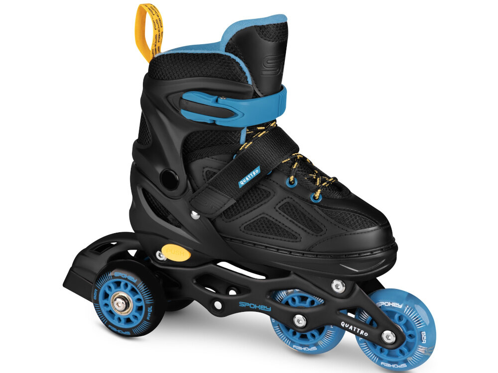 Łyżworolki SPOKEY Quattro 4w1 (rozmiar 34-37) Czarno-niebieski rolko-wrotka na białym tle widoczna od przodu pod skosem profilowana wkładka z aksamitu i lekkiego materiału EVA wysoki komfort użytkowania skuteczniej amortyzuje wstrząsy zmniejsza zmęczenie stóp i poprawia stabilność większa kontrola nad łyżworolkami pewniejsze manewrowanie