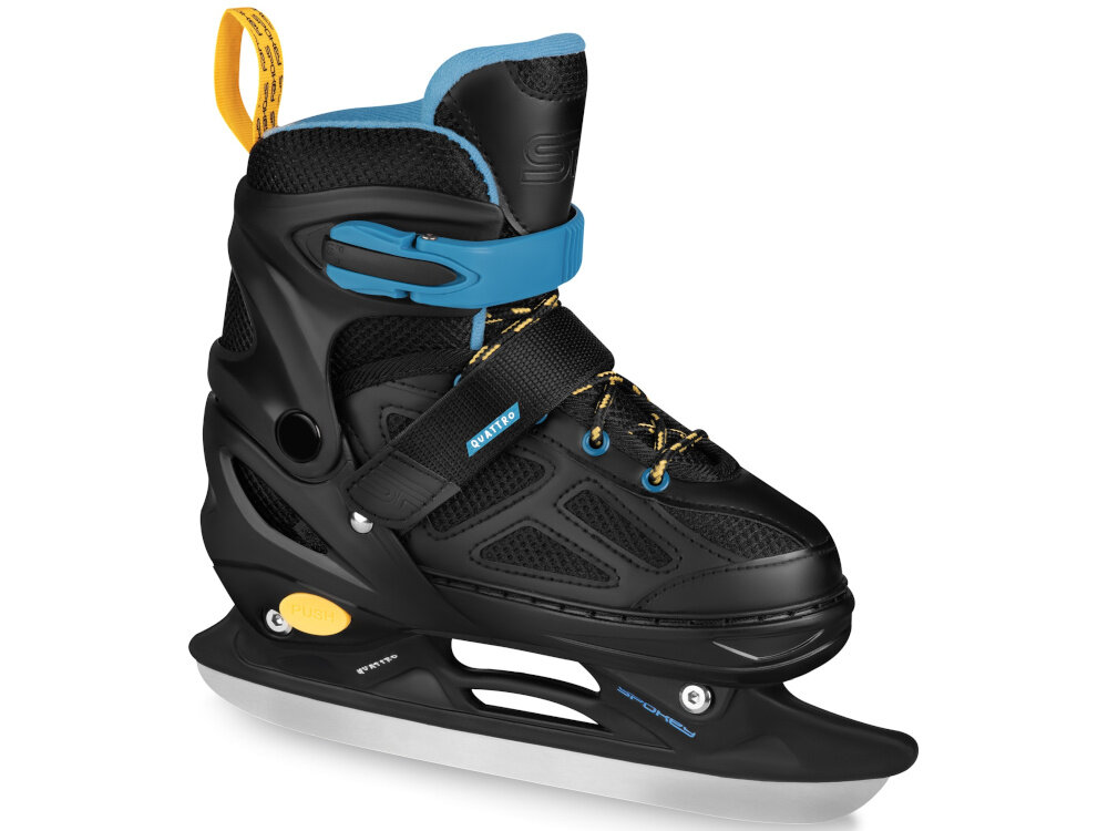 Łyżworolki SPOKEY Quattro 4w1 (rozmiar 34-37) Czarno-niebieski łyżwa na białym tle widoczna od przodu pod skosem klasyczna płoza łyżwy wykonana ze stali nierdzewnej sprzęt do zimowych warunków stal nierdzewna umożliwia płynny ślizg odporność na korozję