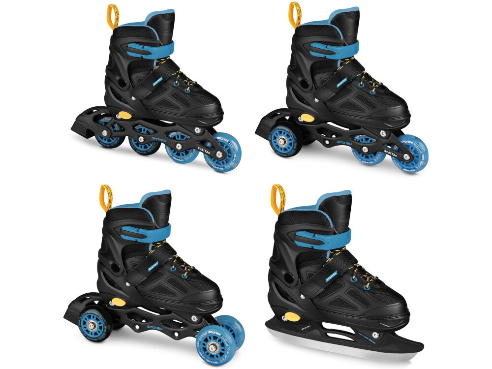 Łyżworolki SPOKEY Quattro 4w1 (rozmiar 38-41) Czarno-niebieski białe tło łyżworolki pokazane w każdej konfiguracji jako łyżwy Łyżworolki wrotki rolko-wrotki łyżworolki 4w1 dwie wymienne płozy łyżwowa i rolkowa cztery sposoby klasyczne łyżwy z hokejową płozą rolki z czterema kółkami w rzędzie wrotki z kółkami po bokach płozy rolko-wrotki z układem mieszanym