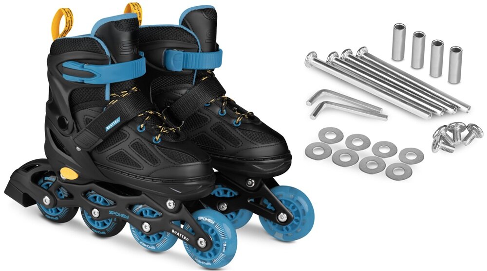 Łyżworolki SPOKEY Quattro 4w1 (rozmiar 38-41) Czarno-niebieski para łyżworolek i zestaw na białym tle w zestawie łyżworolki płoza zimowa płoza rolkowa komplet śrub dokumentacja