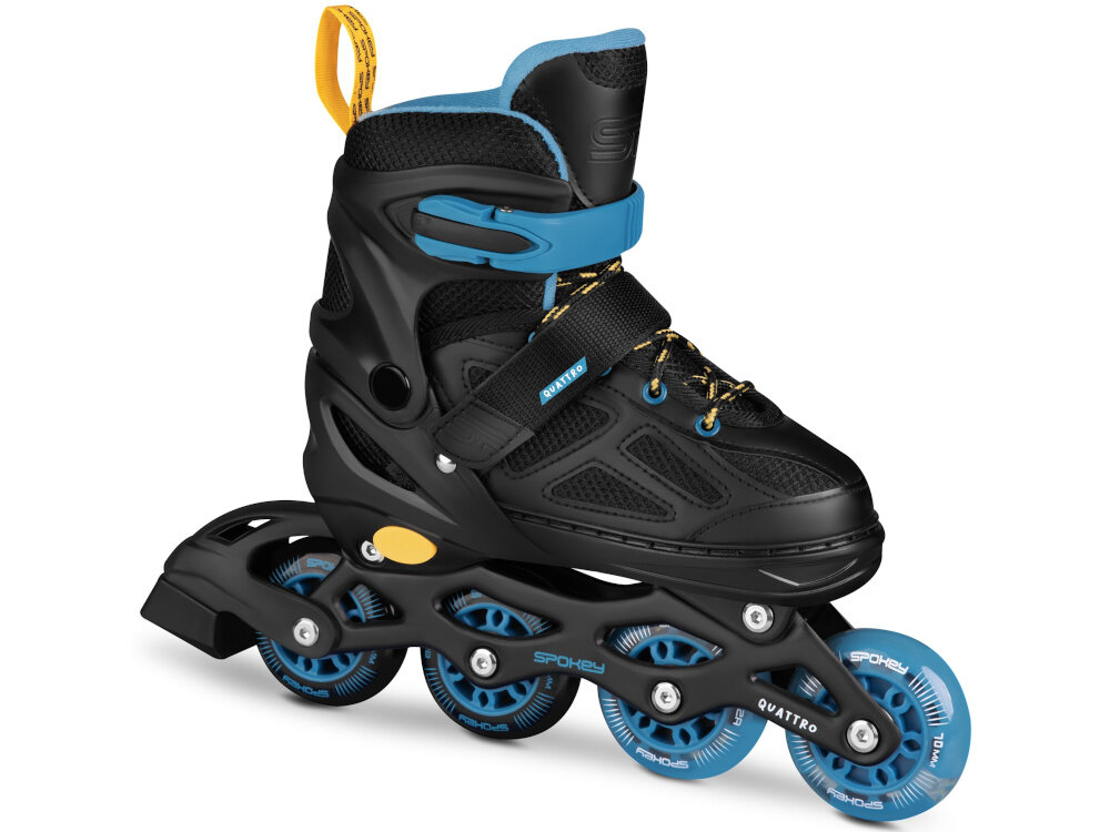 Łyżworolki SPOKEY Quattro 4w1 (rozmiar 38-41) Czarno-niebieski łyżworolka na białym tle widoczna od przodu pod skosem aluminiowa płoza zastosowana w wersji rolkowej niska waga odporność na uszkodzenia mechaniczne trwałość aluminium zachowują swoje właściwości