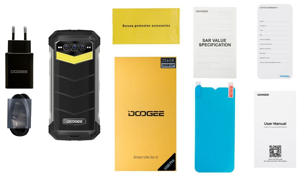 Smartfon DOOGEE S100 Pro    ekran bateria aparat procesor ram pamięć pojemność rozdzielczość zdjęcia filmy opis dane cechy blokady system łączność wifi bluetooth obudowa szkło odporność porty muzyka transfer sieć przekątna matryca waga czujniki oled amoled ips
