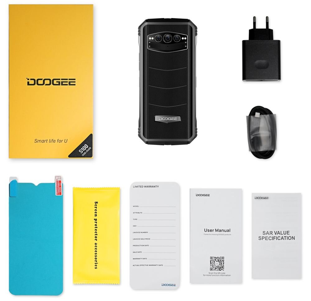 Smartfon DOOGEE S100   ekran bateria aparat procesor ram pamięć pojemność rozdzielczość zdjęcia filmy opis dane cechy blokady system łączność wifi bluetooth obudowa szkło odporność porty muzyka transfer sieć przekątna matryca waga czujniki oled amoled ips