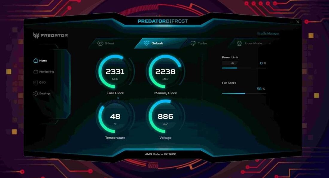 Karta graficzna ACER Predator BiFrost Radeon RX 7600 OC 8GB - Predator BiFrost Utility APP