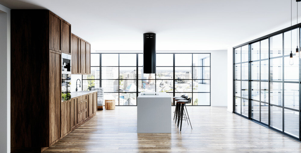 OKAP GLOBALO Heweno Isola 39.2 czarny stal nierdzewna montaż przyścienny wyciąg pochłaniacz filtr aluminiowy węglowy oświetlenie LED soft-touch przyciski sterowanie moc