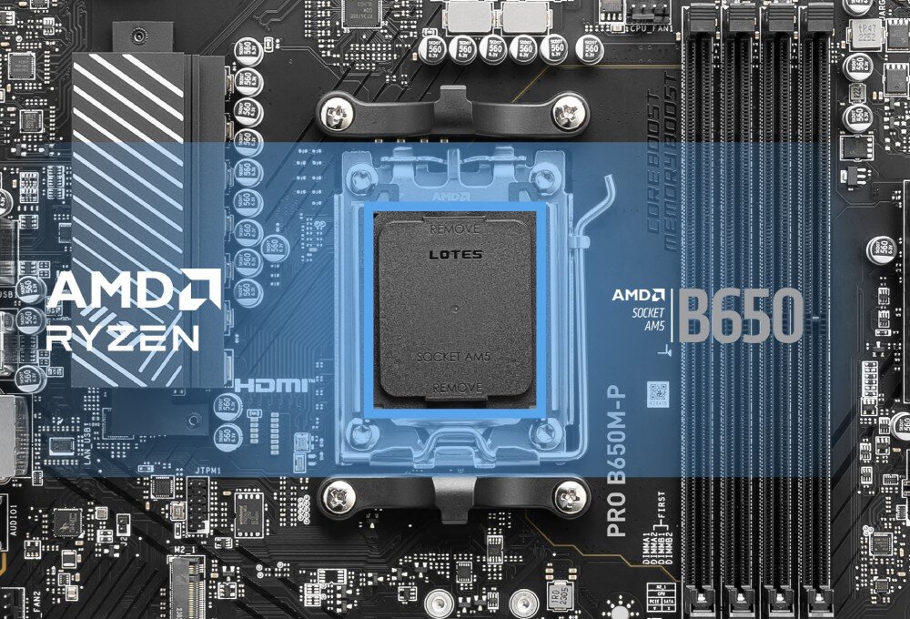 Płyta główna MSI Pro B650M-P Zbliżenie na gniazdo procesora płyty głównej z zaznaczonym na niebiesko obszarem oznaczonym jako 'AMD Socket AM5' i napisem 'B650'. Po lewej stronie znajduje się logo AMD Ryzen, kompatybilność, procesory, format