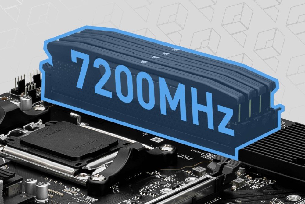 Płyta główna MSI Pro B650M-P Zbliżenie na cztery sloty pamięci RAM na płycie głównej z grafiką symbolizującą zamontowane moduły pamięci DDR5 i podpisem '7200MHz' w niebieskim kolorze, pamięć RAM DDR5, gniazda DIMM, profile XMP, AMD EXPO