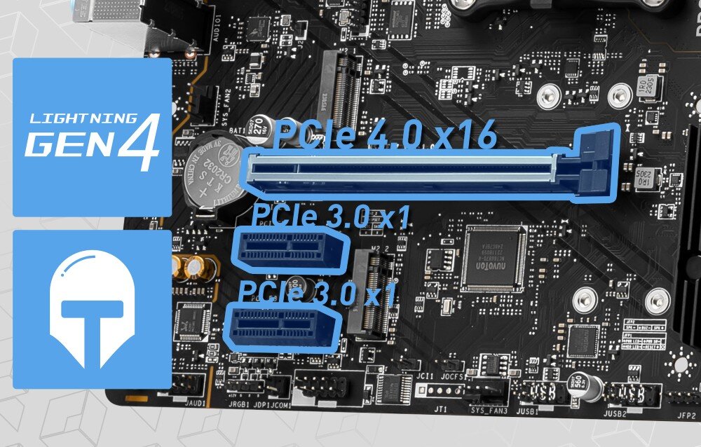 Płyta główna MSI Pro B650M-P Ujęcie dolnej części płyty głównej z zaznaczonym slotem PCIe 4.0 x16 oraz dwoma slotami PCIe 3.0 x1. Po lewej stronie znajdują się ikony 'Lightning Gen4' i hełmu symbolizującego wzmocnienie gniazda, interfejs PCIe 4.0, wzmocnienie złącza