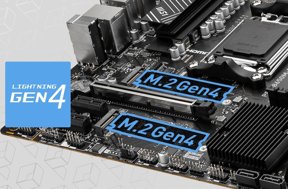Płyta główna MSI Pro B650M-P Zbliżenie na dwa złącza M.2 na płycie głównej oznaczone napisem 'M.2 Gen4'. Oba gniazda znajdują się pomiędzy złączami PCIe a chipsetem, gniazda M.2, prędkość, dyski SSD