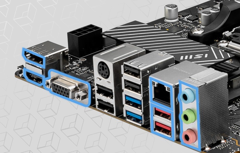 Płyta główna MSI Pro B650M-P Zdjęcie tylnego panelu wejść/wyjść płyty głównej. Widoczne są porty USB, złącza audio, port LAN, HDMI, DisplayPort oraz złącze VGA, każde z nich zaznaczone obwódką w niebieskim kolorze, łączność, kontroler LAN, porty, dźwięk przestrzenny