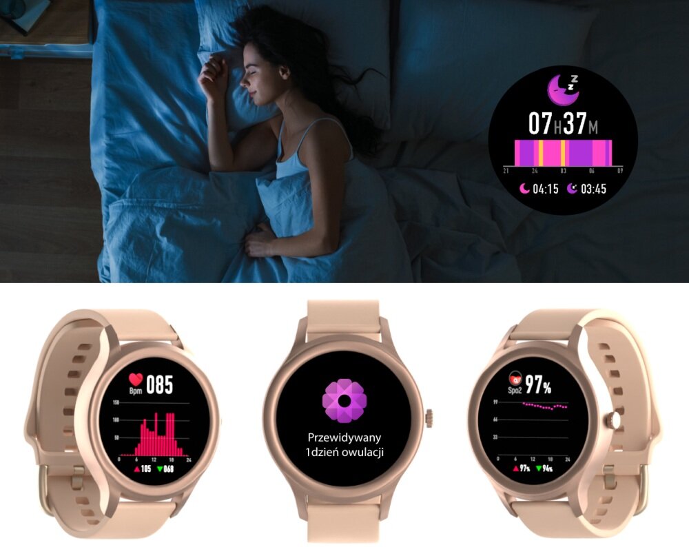 Smartwatch FOREVER Forevive 3 SB-340 ekran bateria czujniki zdrowie sport pasek ładowanie pojemność rozdzielczość łączność sterowanie krew puls rozmowy smartfon aplikacja