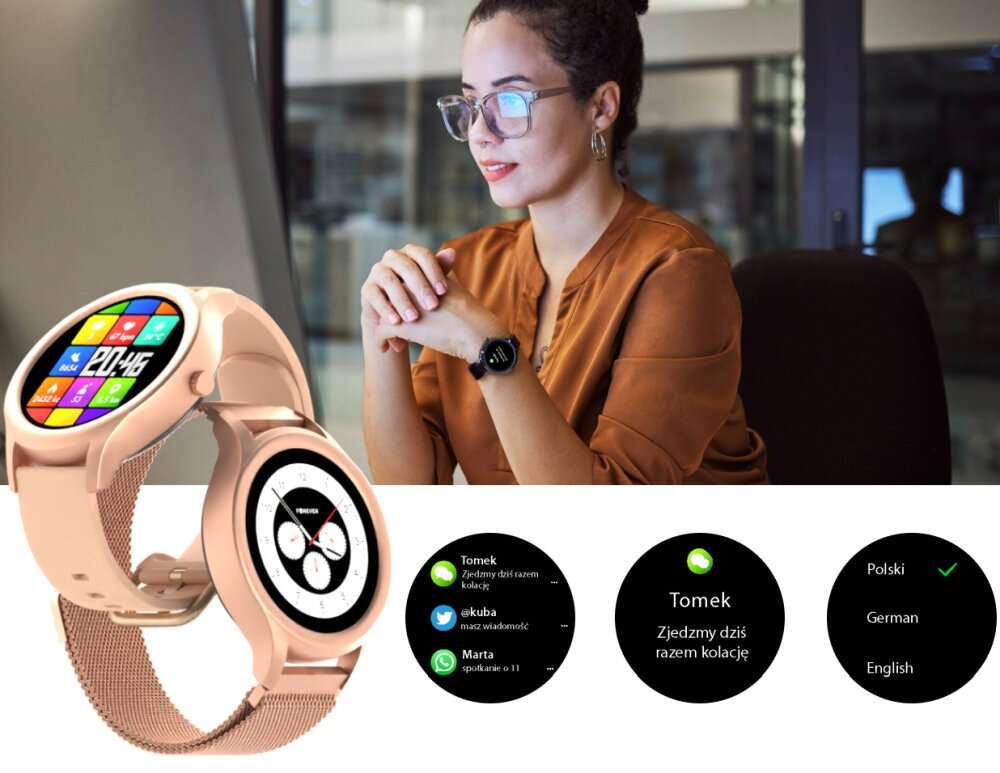 Smartwatch FOREVER Forevive 3 SB-340 ekran bateria czujniki zdrowie sport pasek ładowanie pojemność rozdzielczość łączność sterowanie krew puls rozmowy smartfon aplikacja