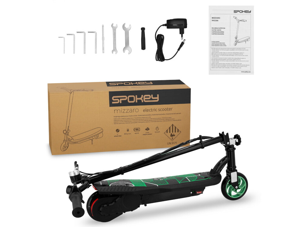 Hulajnoga elektryczna SPOKEY Mizzaro Czarno-zielony zestaw lampka ladowarka dzwonek klucze do montazu drobne akcesoria dokumentacja