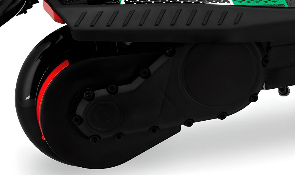 Hulajnoga elektryczna SPOKEY Mizzaro Czarno-zielony wydajny silnik m,oc 120 W predkosc do 12 km/h bateria pojemnosc 4,5 Ah zasieg 8-9 km czas ladowania okolo 6 godzin pokonywanie wzniesien o nachyleniu 10 stopni