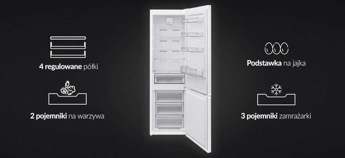 Lodówka FINLUX FR-FB383XFEI1W Bezpieczne i stabilne przechowywanie półki wykonane z hartowanego szkła