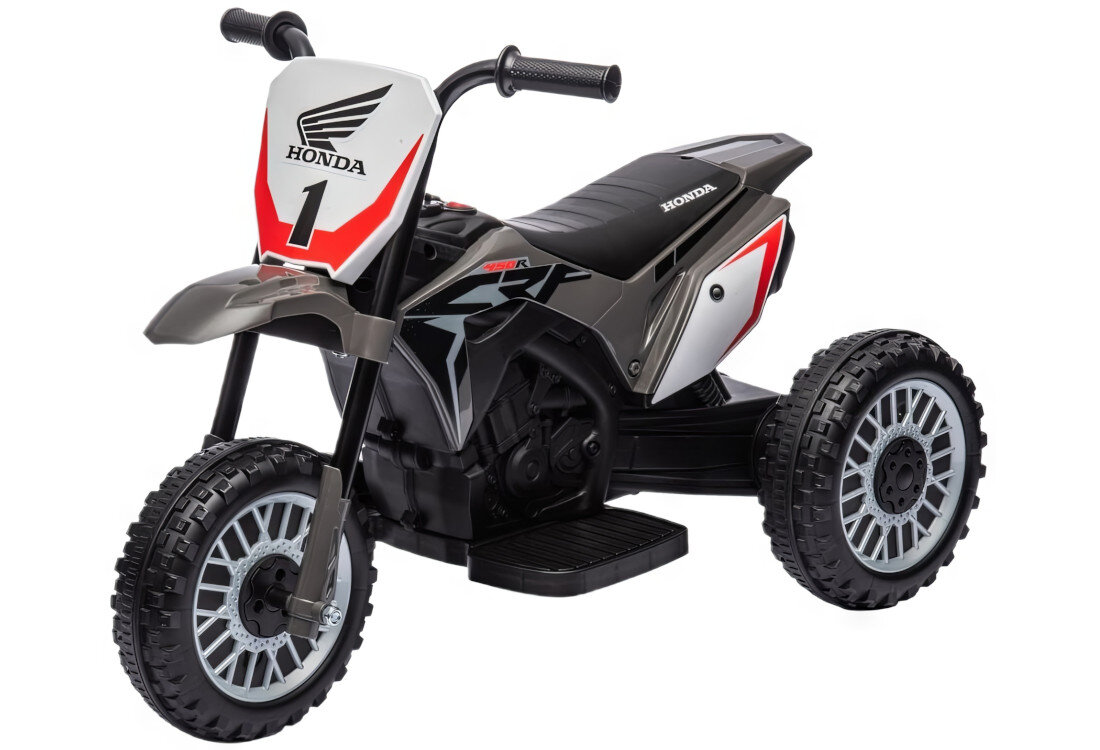 Motorek elektryczny MILLY MALLY Honda CRF 450R Szary bezpieczeństwo komfort wyprofilowane siedzisko duże plastikowe koła terenowy bieżnik Stalowe osie kółek konstrukcja