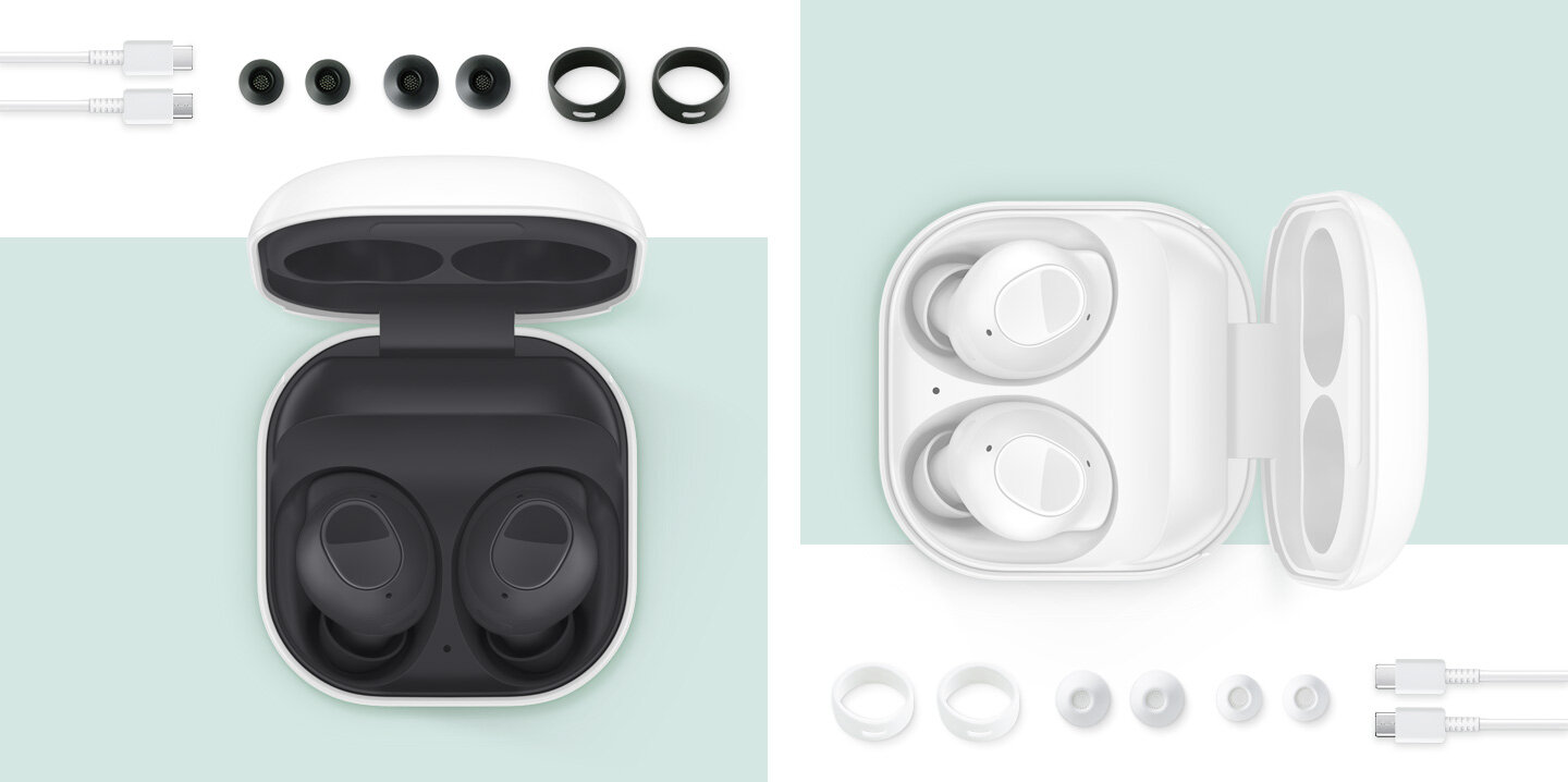 sm-r400-03-color-options pc Otwarte etui Galaxy Buds FE w kolorze grafitowym z dwoma słuchawkami Galaxy Buds w kolorze grafitowym w środku. Otwarte etui Galaxy Buds FE w kolorze białym z dwoma słuchawkami w kolorze białym w środku.