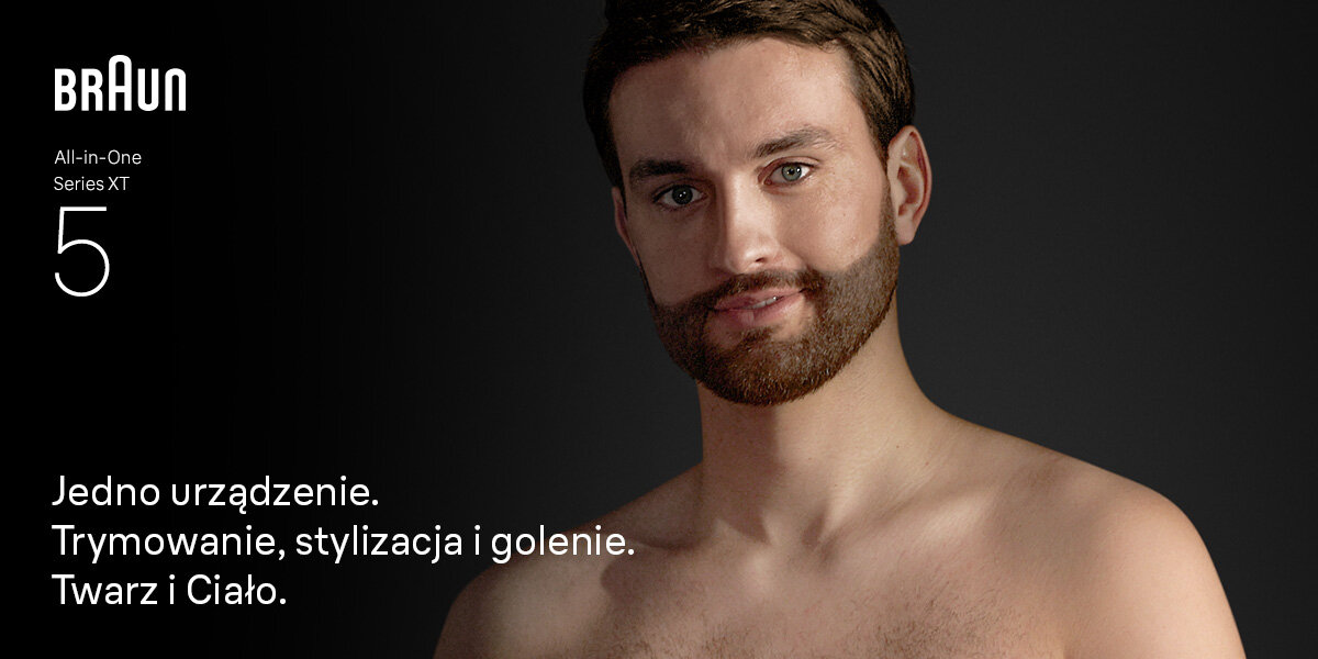 Trymer BRAUN Seria X XT5100 uśmiechnięty mężczyzna napis jedno urządzneie trymowanie stylizacja i golenie twarz i ciało