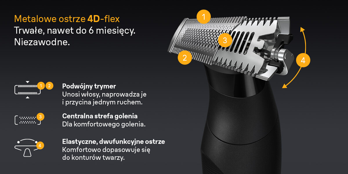 Trymer BRAUN Seria X XT5100 napis metalowe ostrze 4d-flex trwałe nawet do 6 miesięcy niezawodne podwójny trymer unosi włosy naprowadza je i przycina jednym ruchem centralna strefa golenia dla konfortowego golenia elastyczne dwufunkcyjne ostrze komfortowo dopasowuje się do konturów twarzy