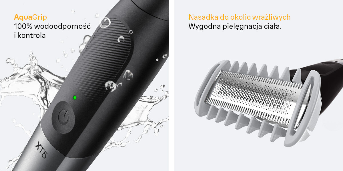 Trymer BRAUN Seria X XT5100 napis aquagrip 100% wodoodporność i kontrola nasadka do okolic wrażliwych wygodna pielęgnacja ciała