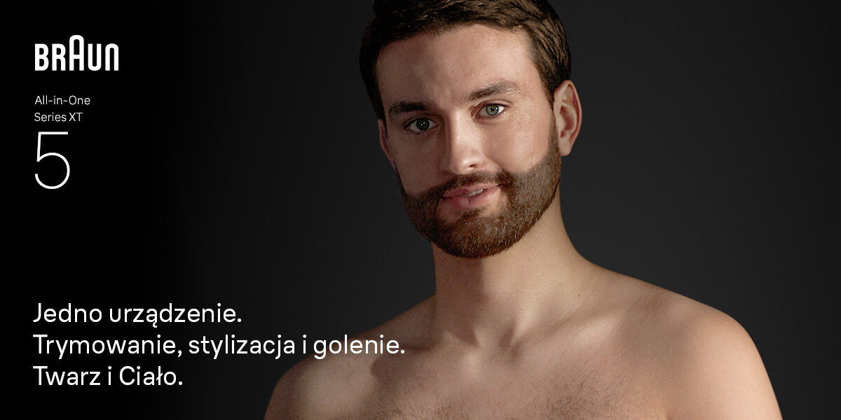 Trymer BRAUN Seria X XT5200 uśmiechnięty mężczyzna napis jedno urządzneie trymowanie stylizacja i golenie twarz i ciało