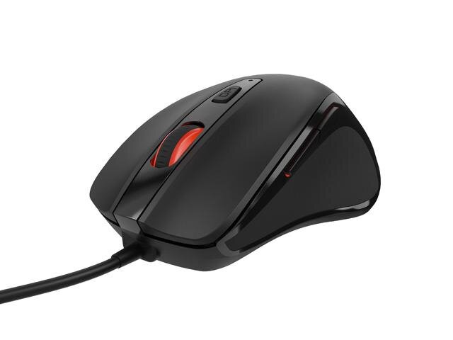 Czarna mysz komputerowa z czerwonym podświetleniem na rolce i przyciskiem na górze. Mysz jest przewodowa z widocznym kablem USB.