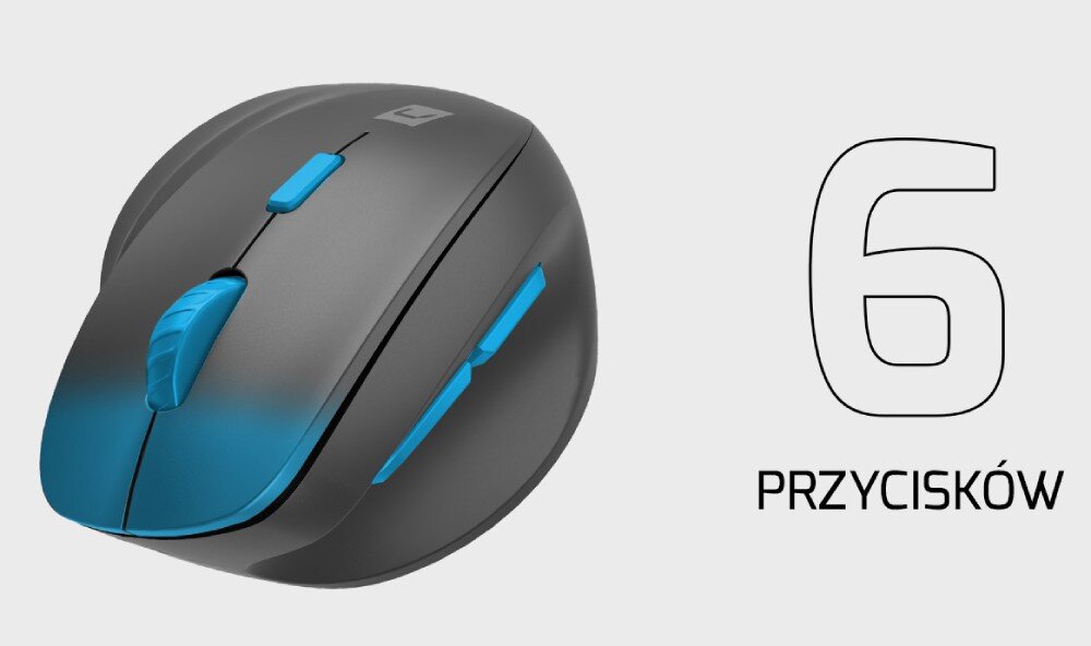 Mysz NATEC Crake 2 Mysz pionowa z podświetlonymi elementami oraz dużym napisem '6 PRZYCISKÓW' po prawej stronie