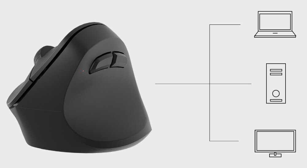 Mysz NATEC Crake 2 Mysz pionowa widziana od strony kciuka z dwoma przyciskami bocznymi połączona liniami z ikonami laptopa, komputera i monitora