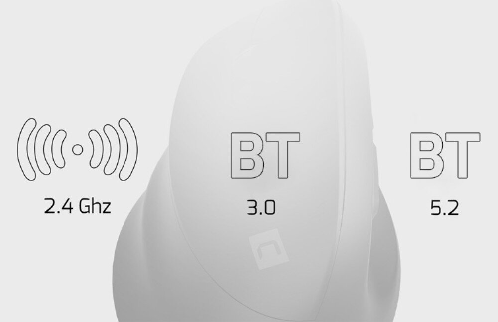 Mysz NATEC Crake 2 Mysz pionowa w tle z oznaczeniami łączności bezprzewodowej '2.4 Ghz', 'BT 3.0' oraz 'BT 5.2'