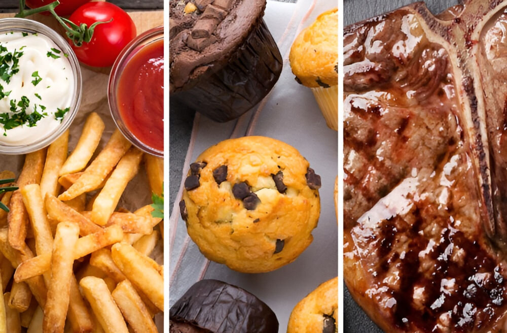 Air Fryer Frytkownica beztłuszczowa CONCEPT FR2500 zdjęcie różnych potraw frytki babeczki mięso przypieczone kolorowe babeczki z kawałkami czekolady ulubione smażone potrawy zdrowsza wersja technologia cyrkulacji gorącego powietrza chrupiące dania bez konieczności użycia oleju równomierne pieczenie potraw mniej kalorii cholesterolu i tłuszczu zdrowy styl życia