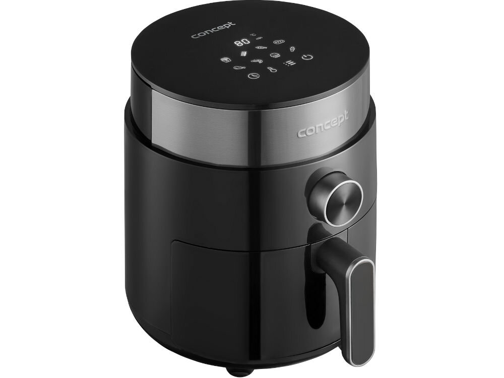 Air Fryer Frytkownica beztłuszczowa CONCEPT FR2500 frytkownica stoi bokiem uchwyt pokrętło u góry panel dotykowy czarna obudowa białe tło kompaktowa budowa (26.2 x 32 x 26.2 cm) w mniejszych kuchniach smażenie pieczenie grillowanie wielofunkcyjny pomocnik szybsze przygotowywanie potraw niż w piekarniku oszczędność czasu i energii do codziennego gotowania podczas przyjęć optymalne efekty minimalny wysiłek