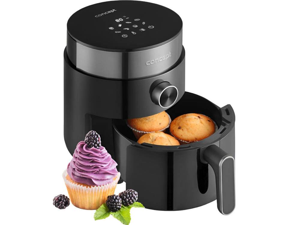 Air Fryer Frytkownica beztłuszczowa CONCEPT FR2500 frytkownica otwarty kosz w koszu babeczki pokrętło białe tło babeczka z kremem i owocami obok frytkownicy bezpieczna i wygodna obsłudze zabezpieczenie przed przegrzaniem chroni urządzenie przed uszkodzeniem ergonomiczny uchwyt chłodny w dotyku komfort ochrona przed poparzeniem antypoślizgowe nóżki stabilność funkcjonalna bezpieczna
