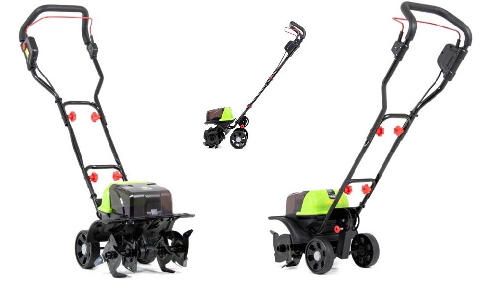 Glebogryzarka akumulatorowa 4GARDEN AG3622 nieduż rozmiary waga 9 kg solidna obudowa odporna na uderzenia kamieni i bryl ziemi szybka efektowna