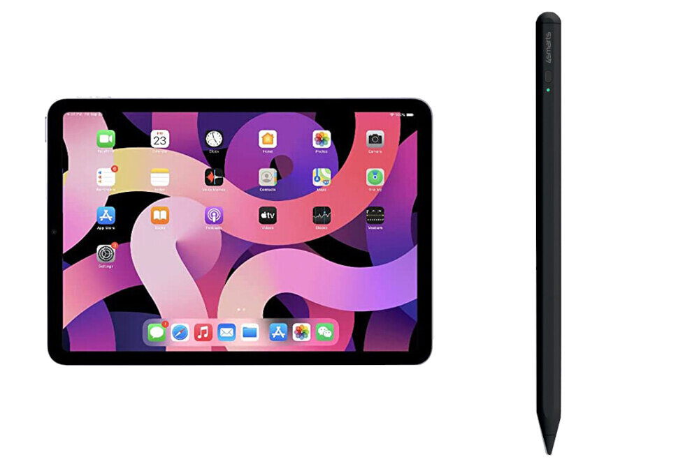 Obraz przedstawia tablet z kolorowym ekranem pełnym ikon aplikacji oraz czarny rysik z napisem \'4SMARTS\'.