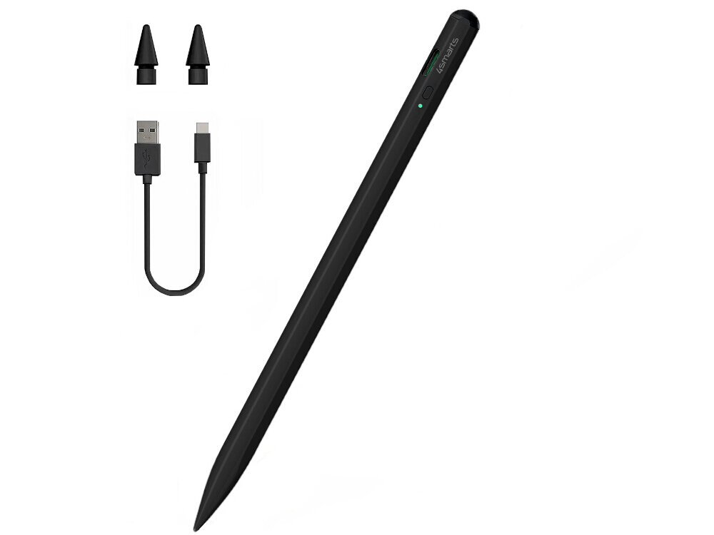 Czarny rysik z napisem \'4smarts\' oraz dwie wymienne końcówki i kabel USB-C. Rysik ma smukły kształt i widoczny przycisk z zieloną diodą.
